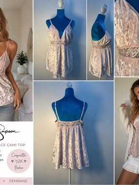 Jessica Simpson Tank Top XL Pink Crushed Velvet Lace Babydoll Cami Y2K Coquette